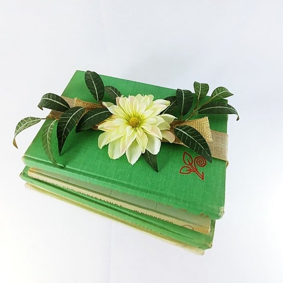 Book Stack Hardcover Ribbon Wrapped Floral Topped Reclaimed Books Set of 4 - Picture 2 of 8